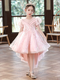 Children's Trailing Evening Dress Flower Girl Princess Dress Girls Host Wedding Dress Tulle Tutu Girls Costume for Piano Performance Summer