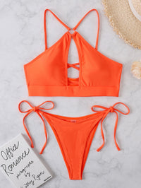 Cut Out Triangle Split Swimsuit Shoelace Bikini Women's Swimsuit with Chest Pad Solid Color Sexy Bikini