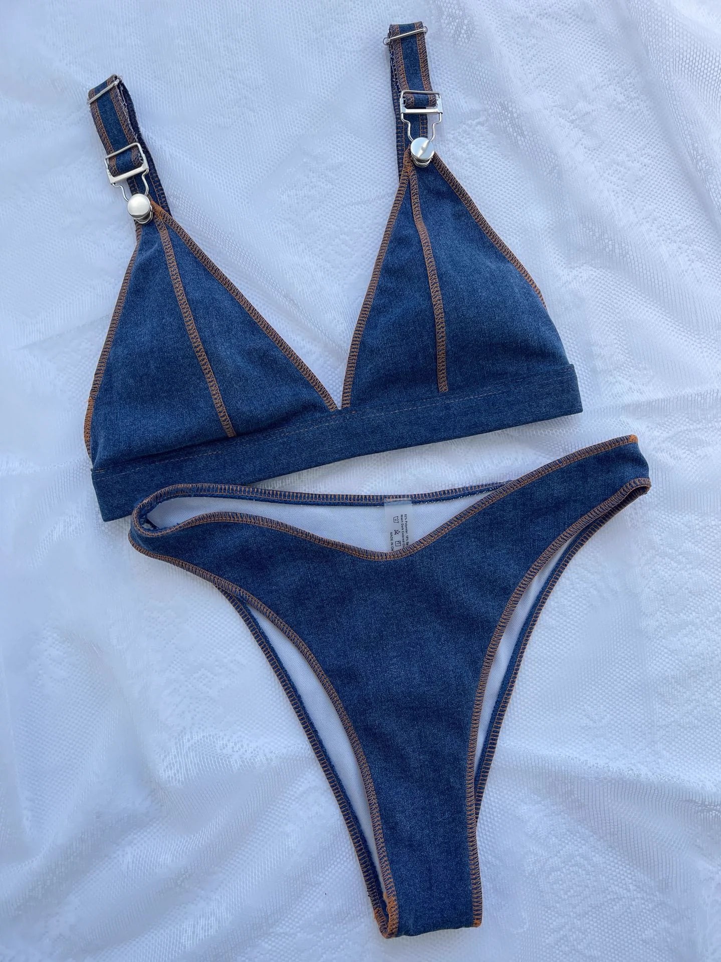 2023 Fashion Ins Export Separates Swimsuit Denim Blue Bikini Solid Color Swimming Suit High Waist Sexy Bikini