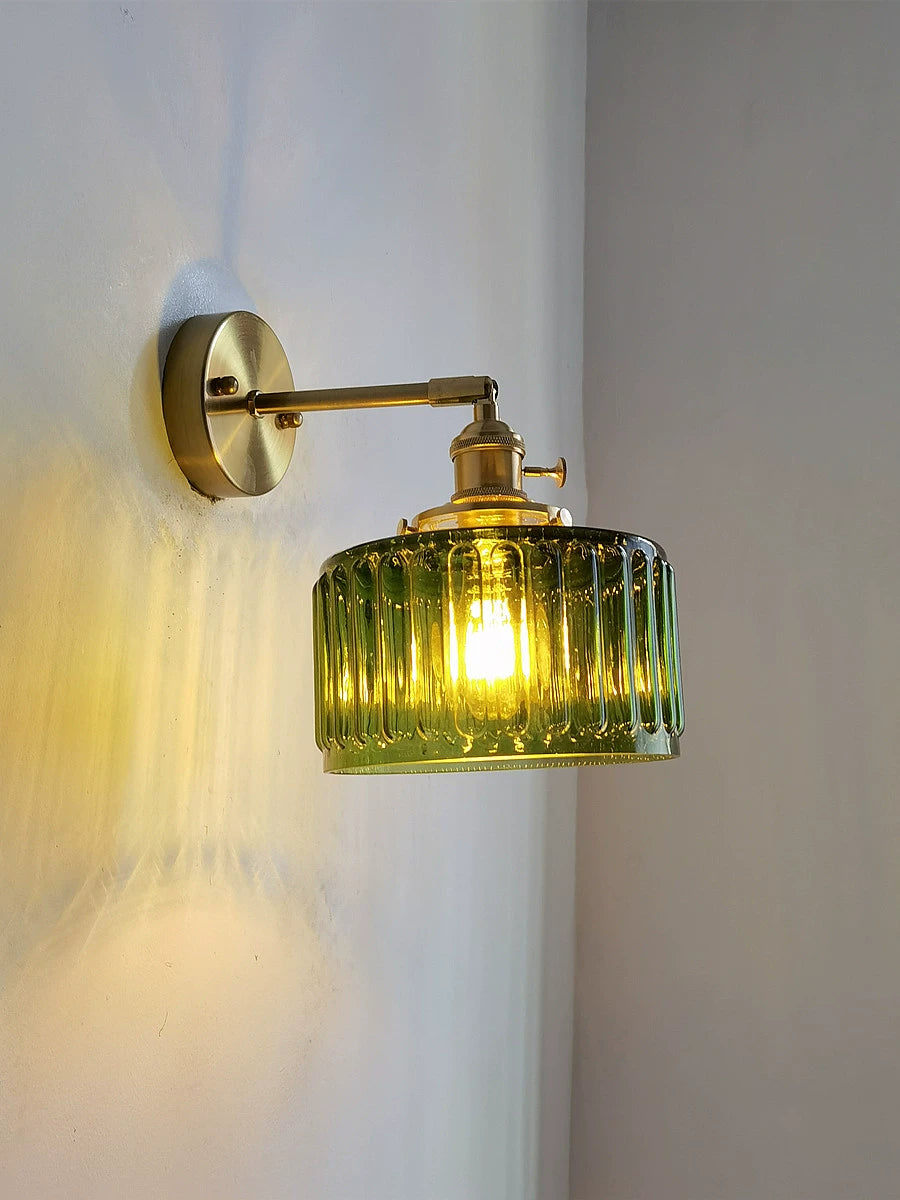 Retro Brass Green Glass Bedroom Style Wall Lamp