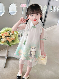 Kids Cartoon Panda Cheongsam Dress A- line Style Girls' Buckle Chinese Ancient Style Stitching Gauze Dress Children's Summer Clothes Dress