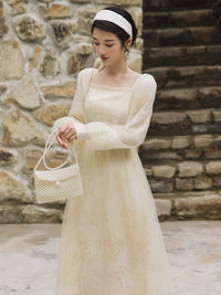 Super Fairy Retro Square Collar Lace Engagement Dress Dress