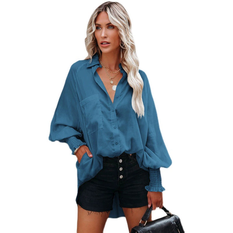 Fall New Long Sleeve Shirt Women's European/American Niche New Style Solid Color Lantern Sleeve Closed Single-Breasted Chiffon Polo