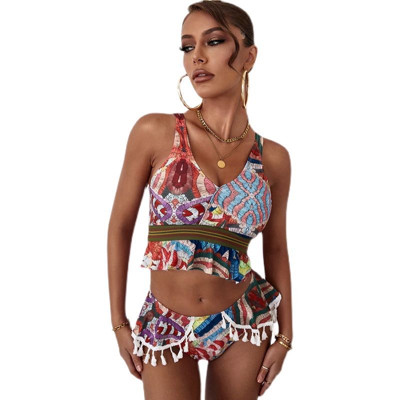 Bikinis Two-piece Set Women 2024 New Contrast Color Wave Domi Yafeng Surfing Split Swimsuit Bikini Set