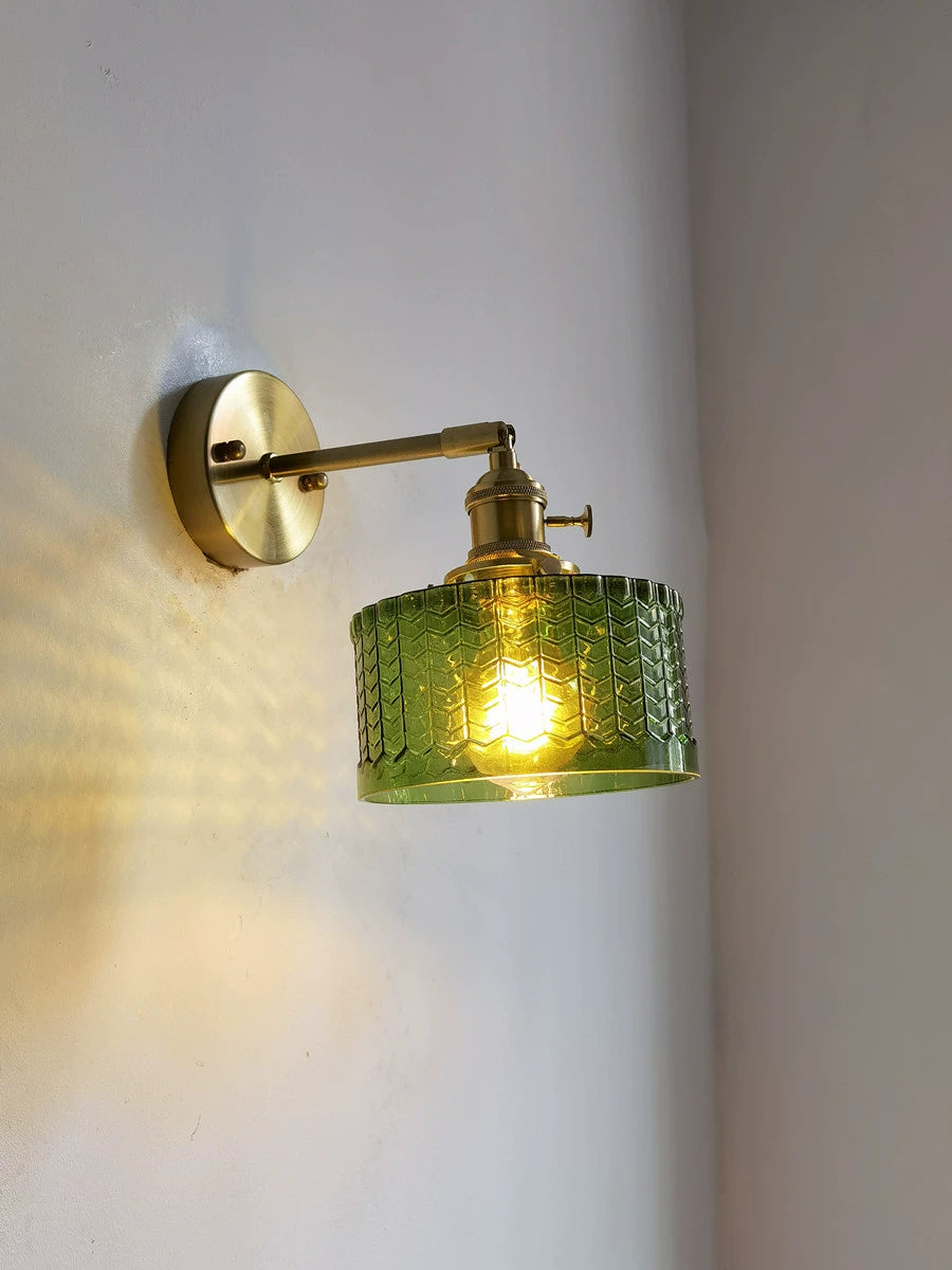 Retro Brass Green Glass Bedroom Style Wall Lamp