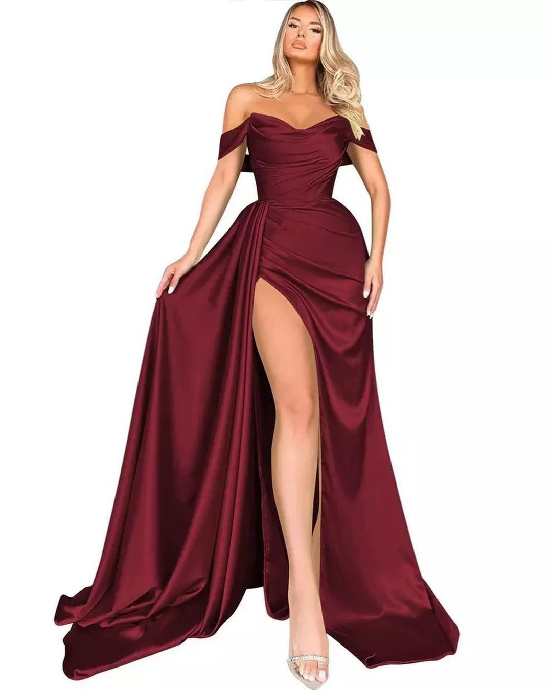 Cross-Border Foreign Trade High Slit Sexy off-the-Shoulder Evening Gown