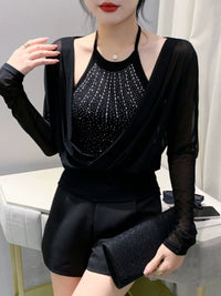 Fashion Sexy Mesh Bottoming Shirt Stylish Halterneck Rhinestone Strappy T-shirt Fake Two-Piece Tops Female Silm Baita