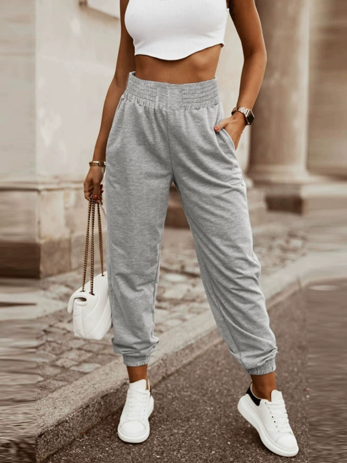 2024 Summer New Arrival High Waist Casual Cropped Pants for Women European and American All-Matching Pure Color High Waist Jogger Pants Pants Women