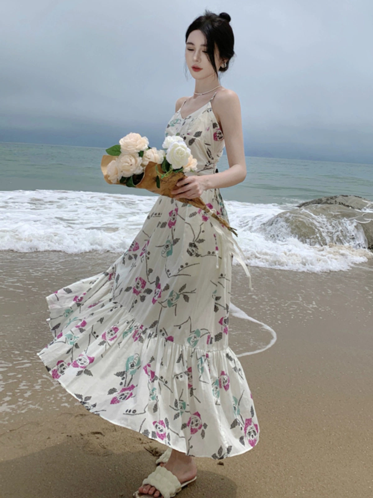 Dopamine French Sweet Style Slip Floral Chiffon Dress Summer New Seaside Atmosphere Waist-Slimming Long Dress