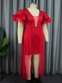 Fashion plus Size V Neck Mesh Party See-through Stitching Dress Women plus Size Party Dress Red