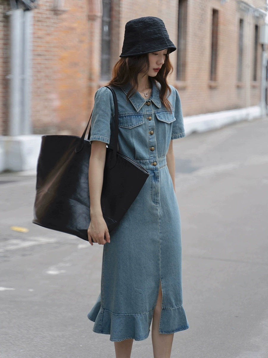 Summer Washed Women Workwear Fishtail Denim Dress