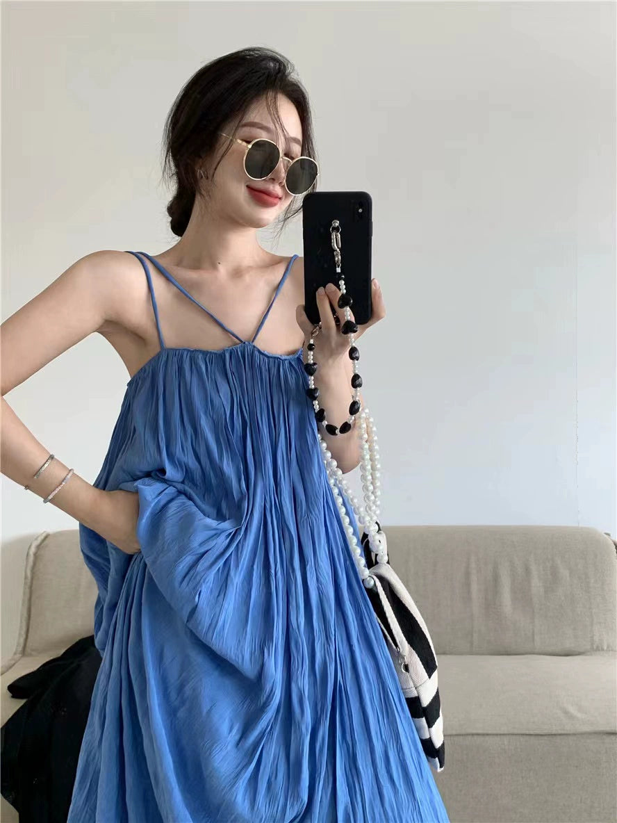 Sanya Travel Wear Internet Celebrity Blue Pleated Slip Dress Women's Summer Seaside Holiday Dress Long Beach Dress