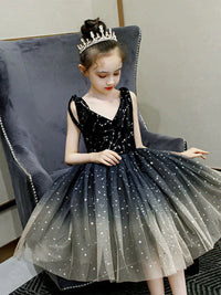 Children's Classy Black Dress Piano Performance Costume Girls Little Host Catwalk Show Girls Princess Dress