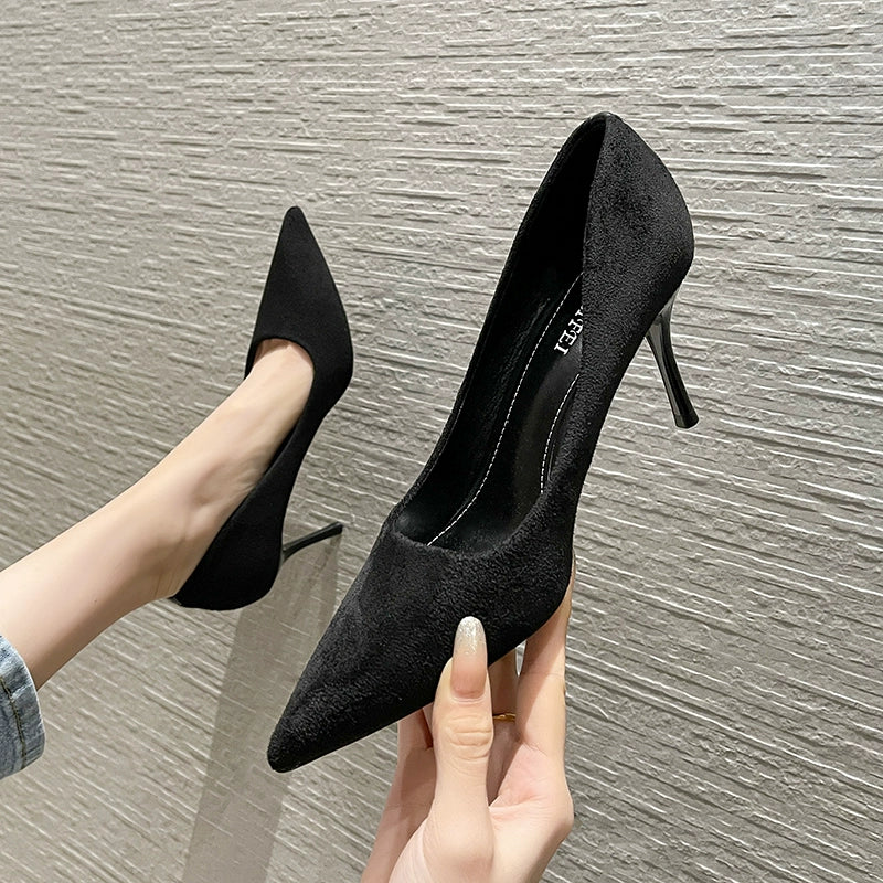 2022 Autumn and Winter New All-Match Black High-Heeled Shoes Women's Stiletto Heel Sexy European and American Small Single-Layer Shoes French Style Girl's Women's