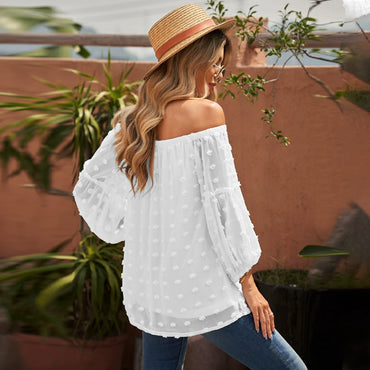 European and American Sexy Pure Color Chiffon Shirt Women New Arrival off-Shoulder Design Embroider Long Sleeves Tops Women 2517298