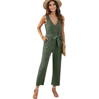 Lace-up Waist-Controlled Solid Color European and American Deep V-neck Slim-Fit Jumpsuit