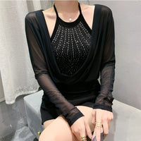 Fashion Sexy Mesh Bottoming Shirt Stylish Halterneck Rhinestone Strappy T-shirt Fake Two-Piece Tops Female Silm Baita