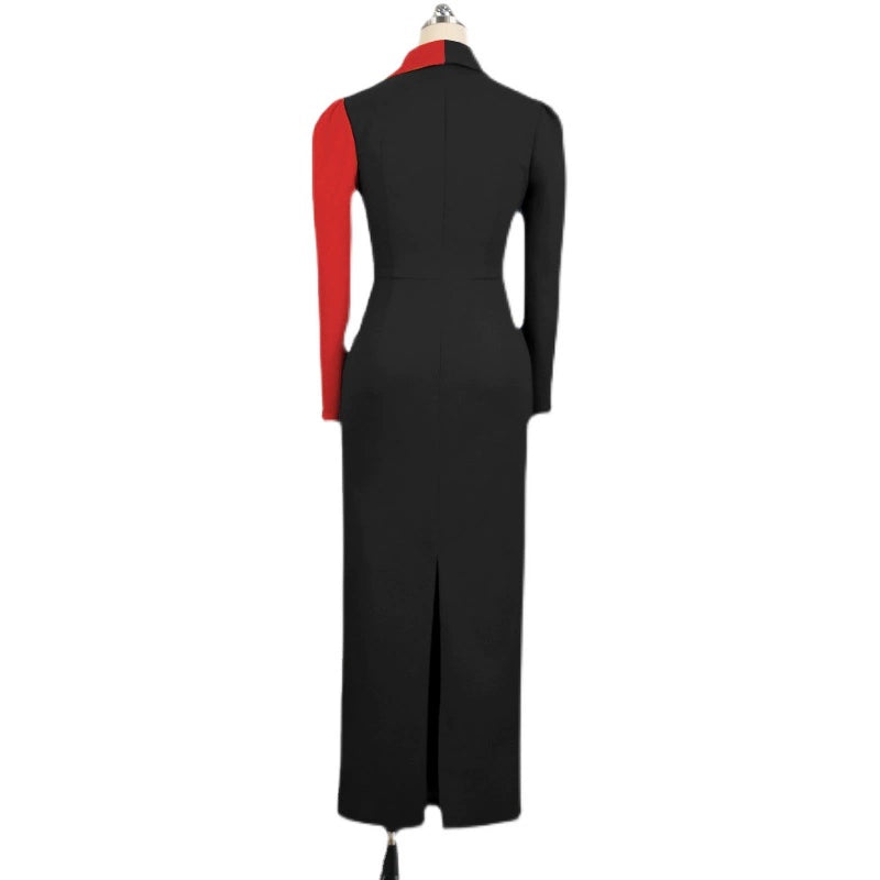 European and American-Style Large-Size Long-Sleeve Contrast Color High-Waist Performance Dress