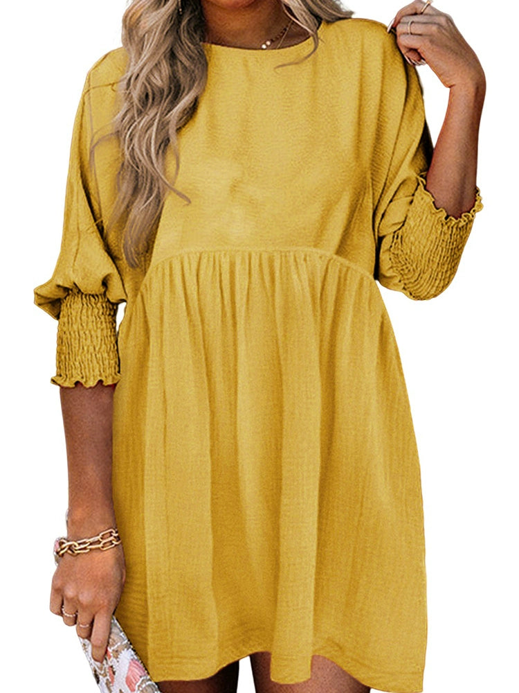 Fall 2024 New Yellow Half Sleeve Knee-Length Short Skirt for Women Fashion Thin Casual Pleating Short Sleeve Dress Women