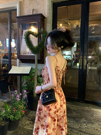 Pleated Suspender Dress Vacation Style Rose Print