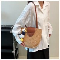 Retro Pink Semicircle Seaside Travel Straw Woven Bag