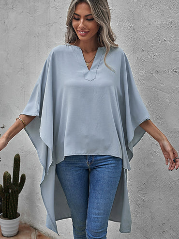 Summer Chiffon Shirt Loose Fashion V Neck Hem Short Sleeve