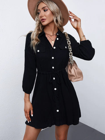 Fashion Fashion Long Sleeve Dress Short Skirt Women 2024 Autumn New Arrival Pure Cotton Single Breasted Abdomen-Control Black Knee-Length Skirt Women