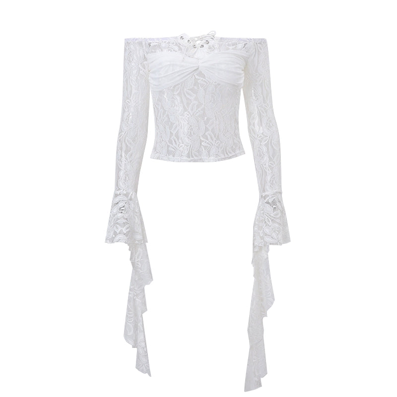 Fashion Sexy See-through Lace Sexy off-the-Shoulder Long Sleeves T-shirt Women's Spring Outer Wear Underwear Slim Fit Niche Style Short Top