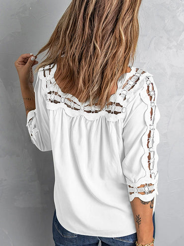 2024 Spring New Half Sleeve T-shirt Women's Pure Color European and American All-Matching Tops Loose Cut Out Square Collar Lace Shirt