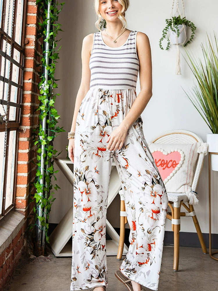 Fashion High Waist Thin Slim Striped Floral Jumpsuit