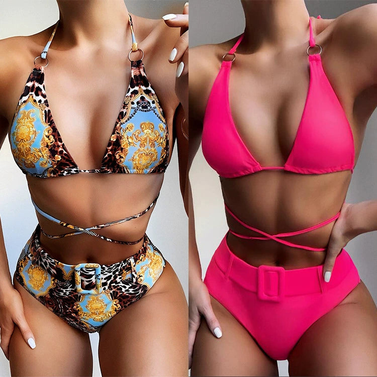 Halter Metal Ring Printed Hollow out Strap Sexy Bikini High Waist Bikini Belt Swimsuit Split Swimsuit