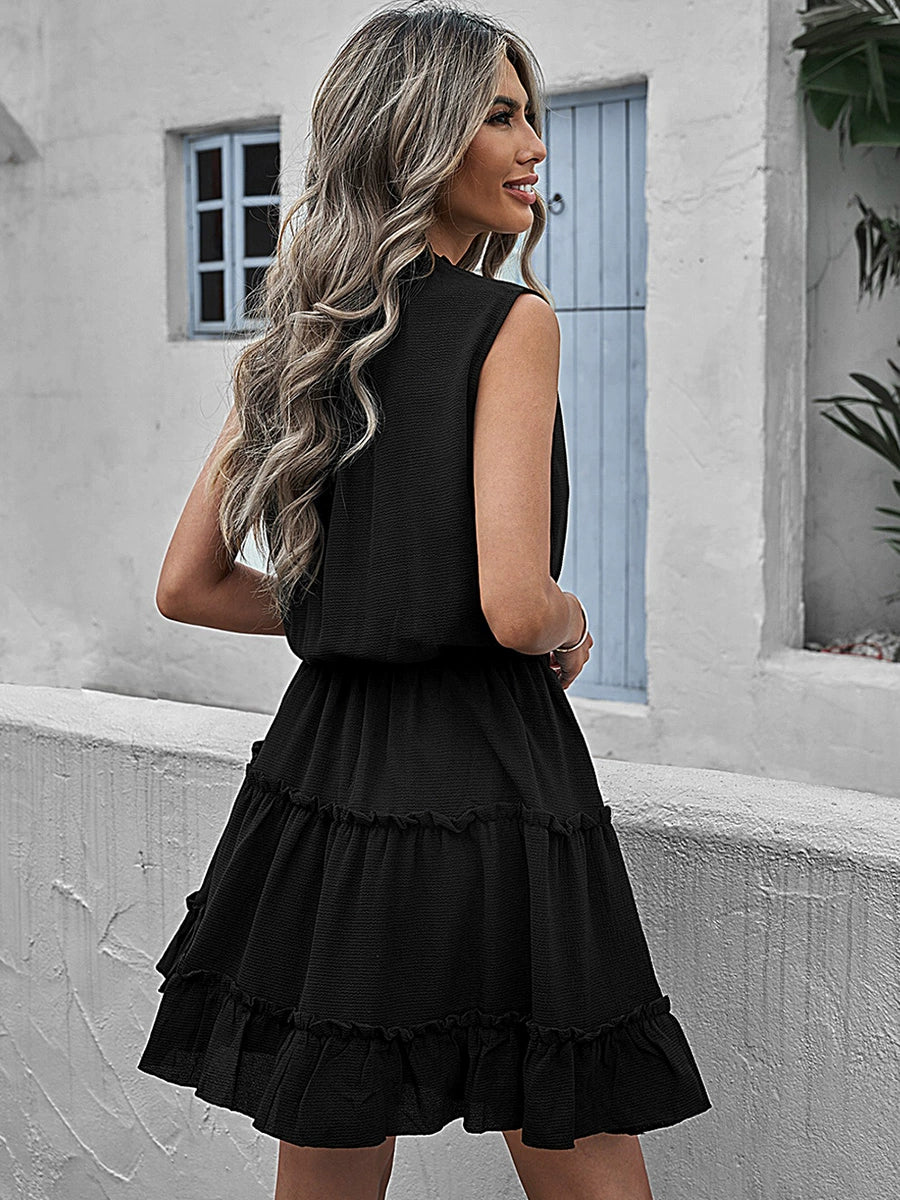 Summer Black Niche Style Pullover V-neck Sleeveless Dress