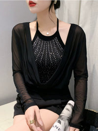 Fashion Sexy Mesh Bottoming Shirt Stylish Halterneck Rhinestone Strappy T-shirt Fake Two-Piece Tops Female Silm Baita