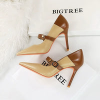 Bigtree Retro Color Matching Word Buckle High Heels