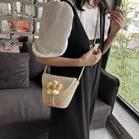 Straw Woven Bag Women's 2023 New Arrival Ins Easiest for Match Flower Rattan Bucket Bag Beach Weaving Shoulder Messenger Bag