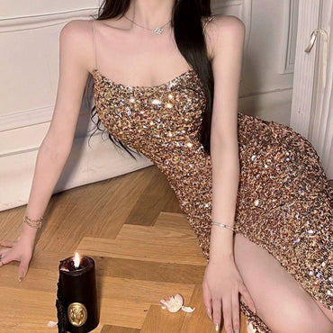 Golden Sequin Split Sexy Sling Dress Slim Looking Shiny Birthday Dress Accessible Luxury Party Dress