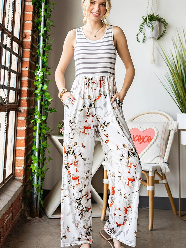 Fashion High Waist Thin Slim Striped Floral Jumpsuit