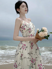 Dopamine French Sweet Style Slip Floral Chiffon Dress Summer New Seaside Atmosphere Waist-Slimming Long Dress