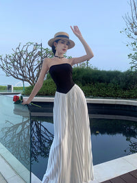 Black and White Pleated Fancy Long A- line Skirt Tube Top