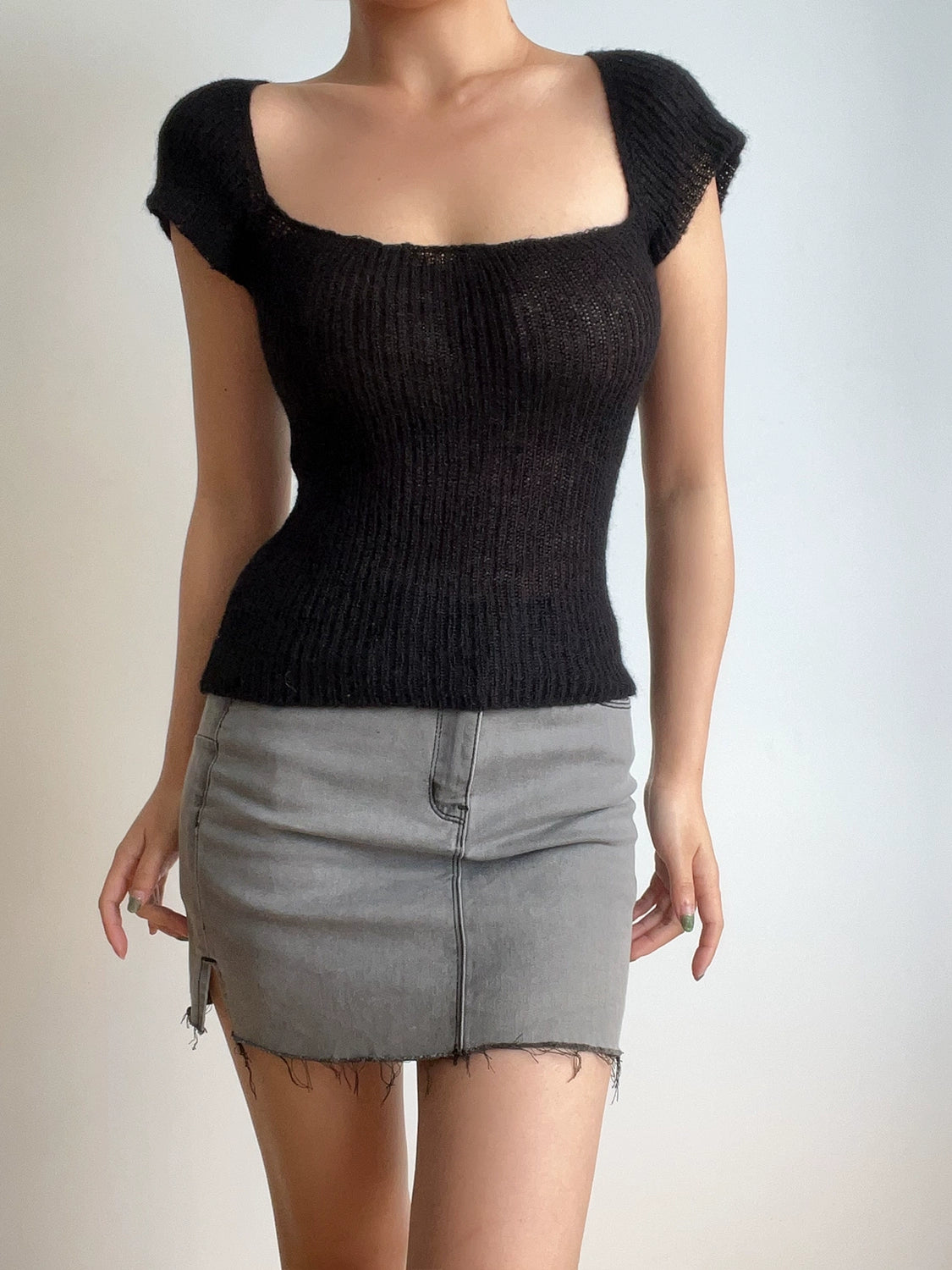 Retro Square Collar Sexy See-through High Waist Short Sleeve Knitwear