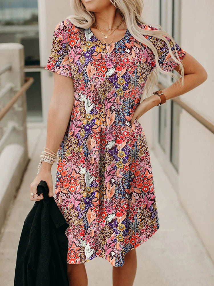 Plant Short Sleeve Dress Slim Looking All-Match Floral Print