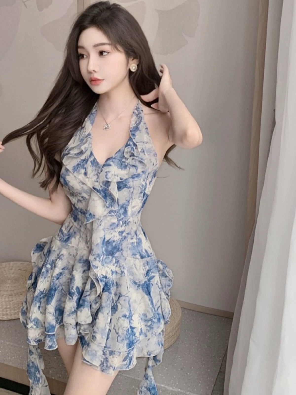 Floral Strap Dress Women's Summer Sexy Pure Desire Ribbon Sleeveless Skirt Romantic High Waist Slim Looking Chiffon Skirt