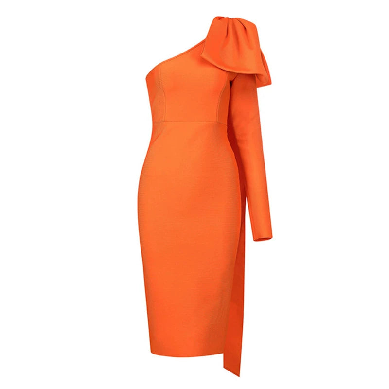 Slim-Fit Orange New One-Shoulder Long Sleeve Stretch Bandage Dress Thin Elegant Bandage Dress Evening Gown Elegant Socialite