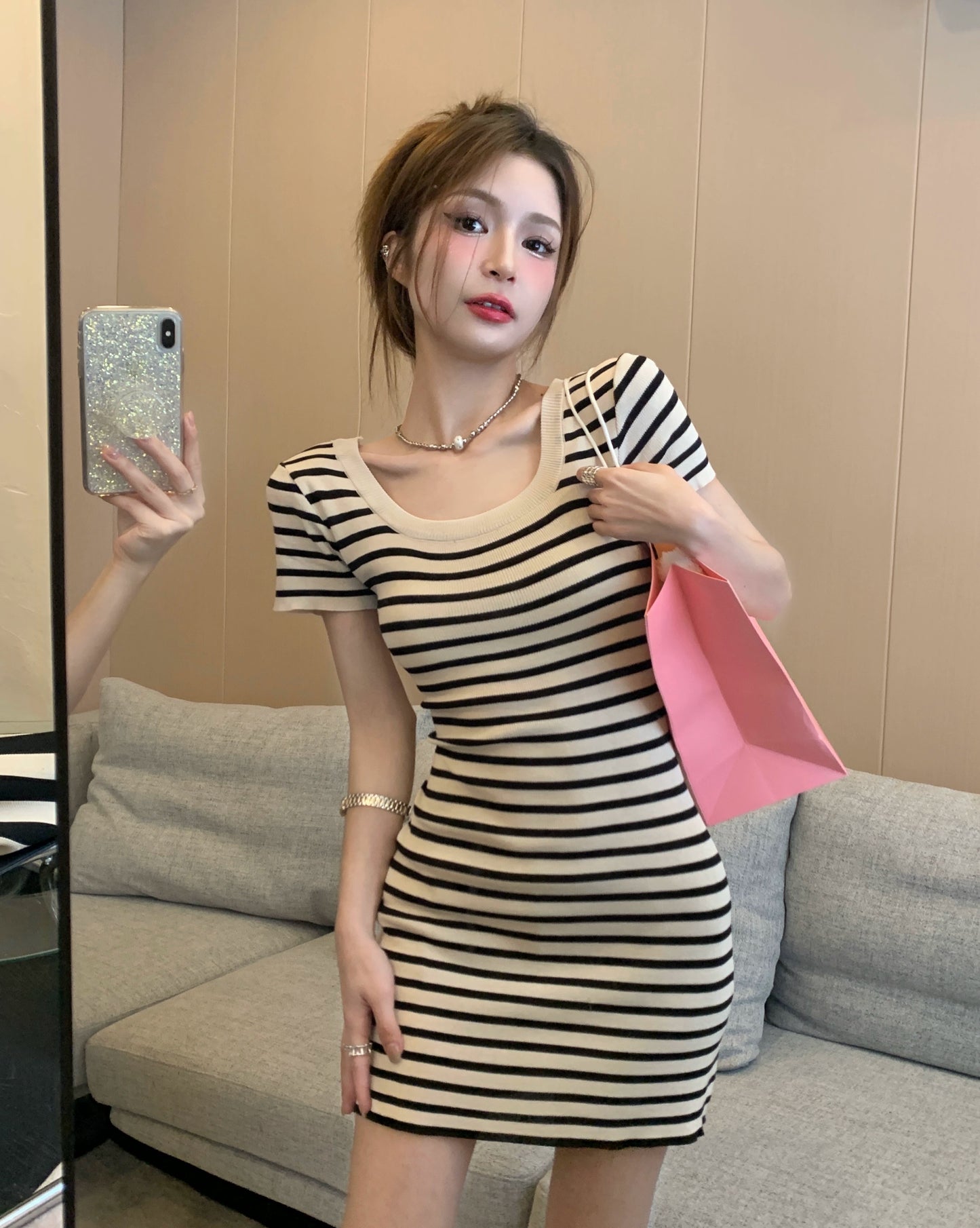 Stripes Summer Elegant Square Collar Slimming Short Sleeve Dress