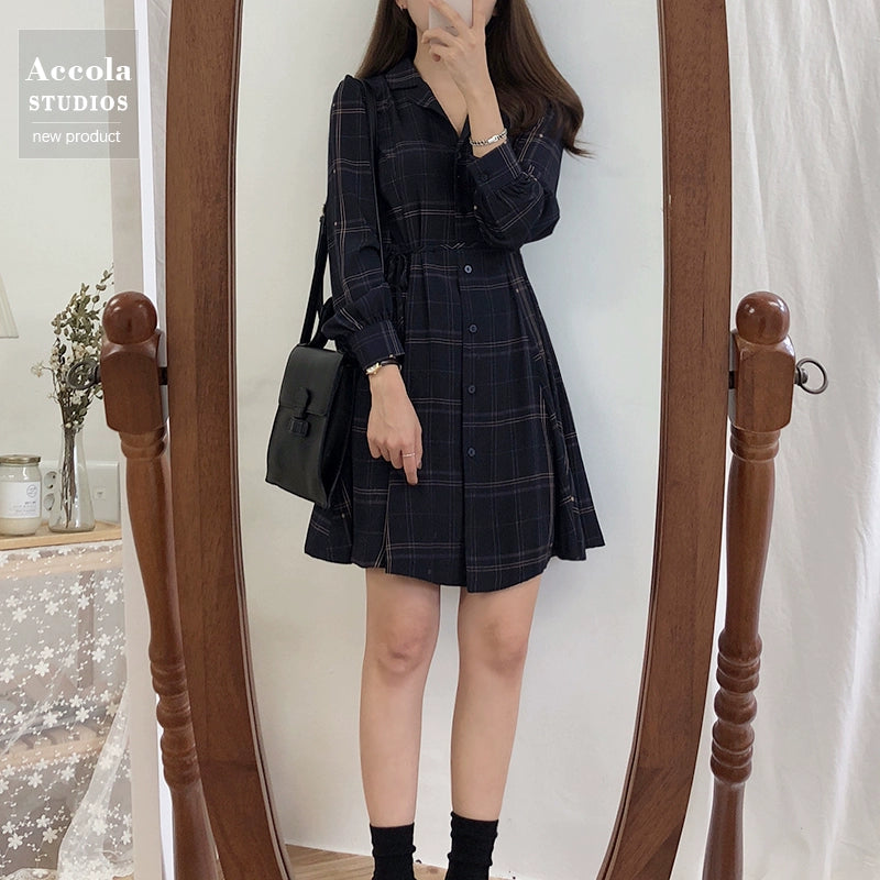 Chic Korean Retro Plaid Dress Girl Blouse