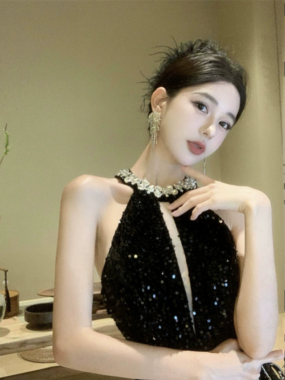 Exquisite Rhinestone Socialite Glitter A- line Skirt Halterneck