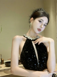 Exquisite Rhinestone Socialite Glitter A- line Skirt Halterneck