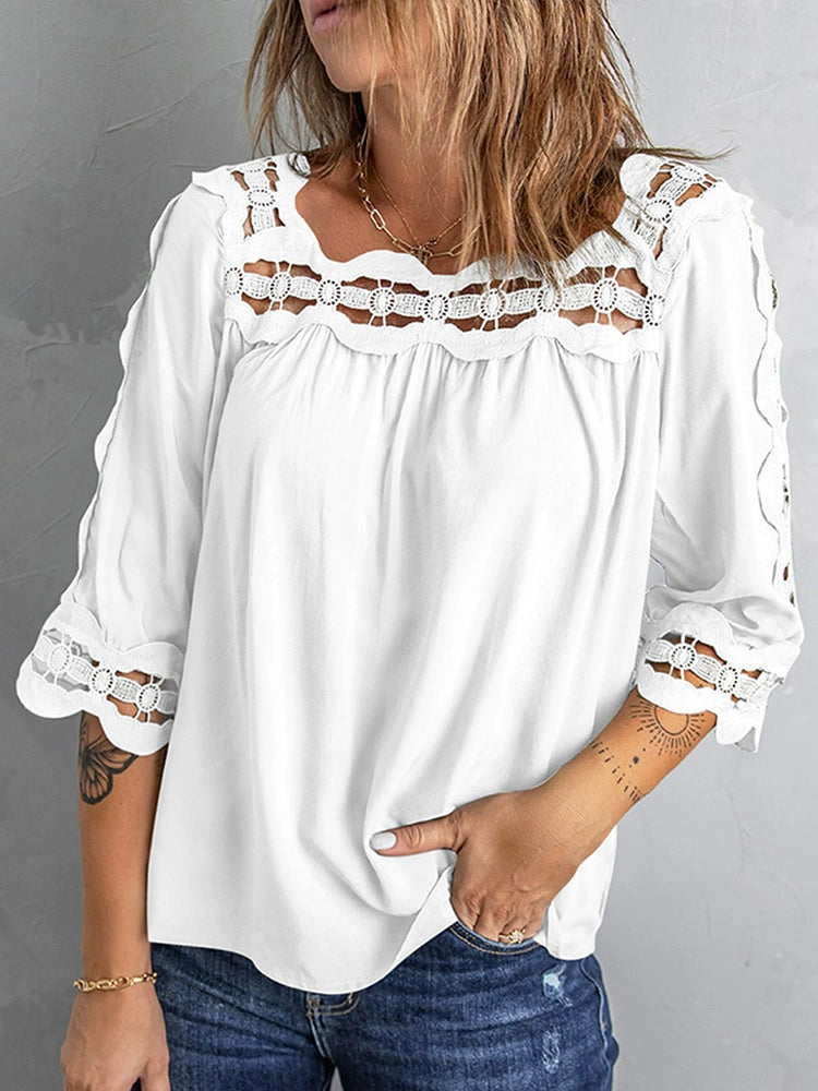 2024 Spring New Half Sleeve T-shirt Women's Pure Color European and American All-Matching Tops Loose Cut Out Square Collar Lace Shirt