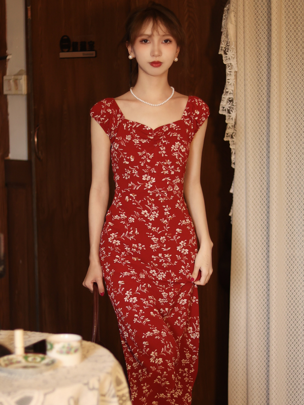 Retro V-neck Hip Red Small Floral Women's Summer Holiday Skirt