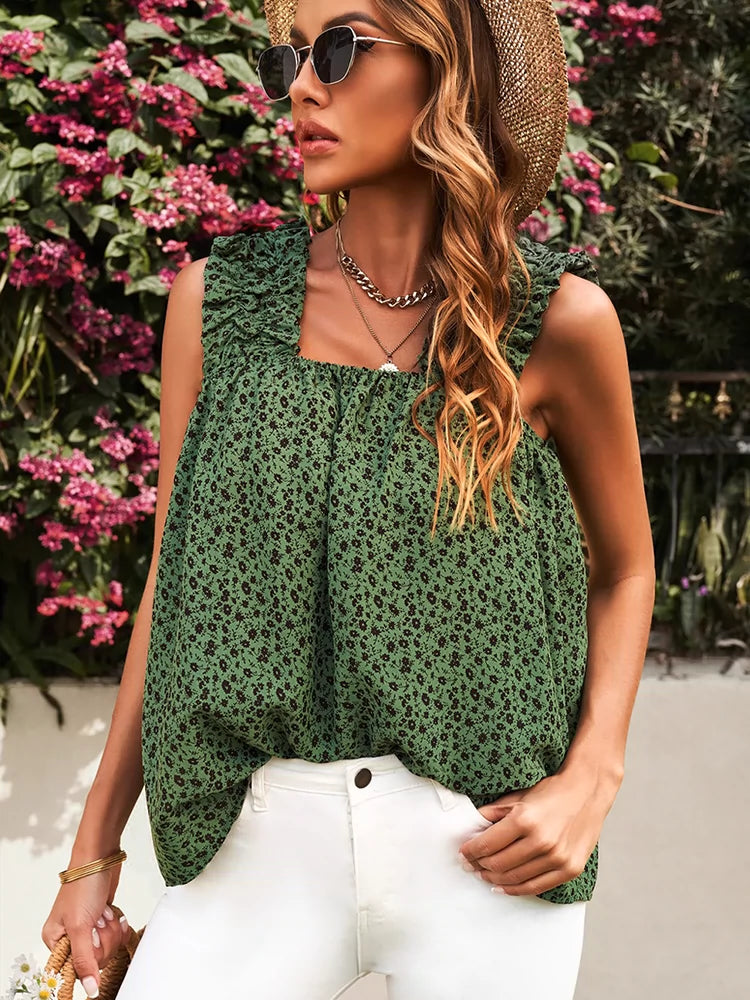 Sleeveless Versatile Ruffled Shoulder Strap Floral Vest